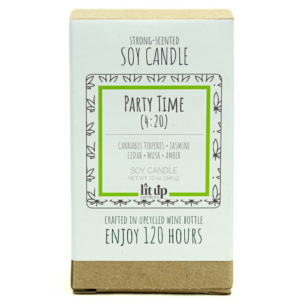 Party Time (4:20) 12 oz. soy candle in upcycled wine bottle | Cannabis, Jasmine, Cedar