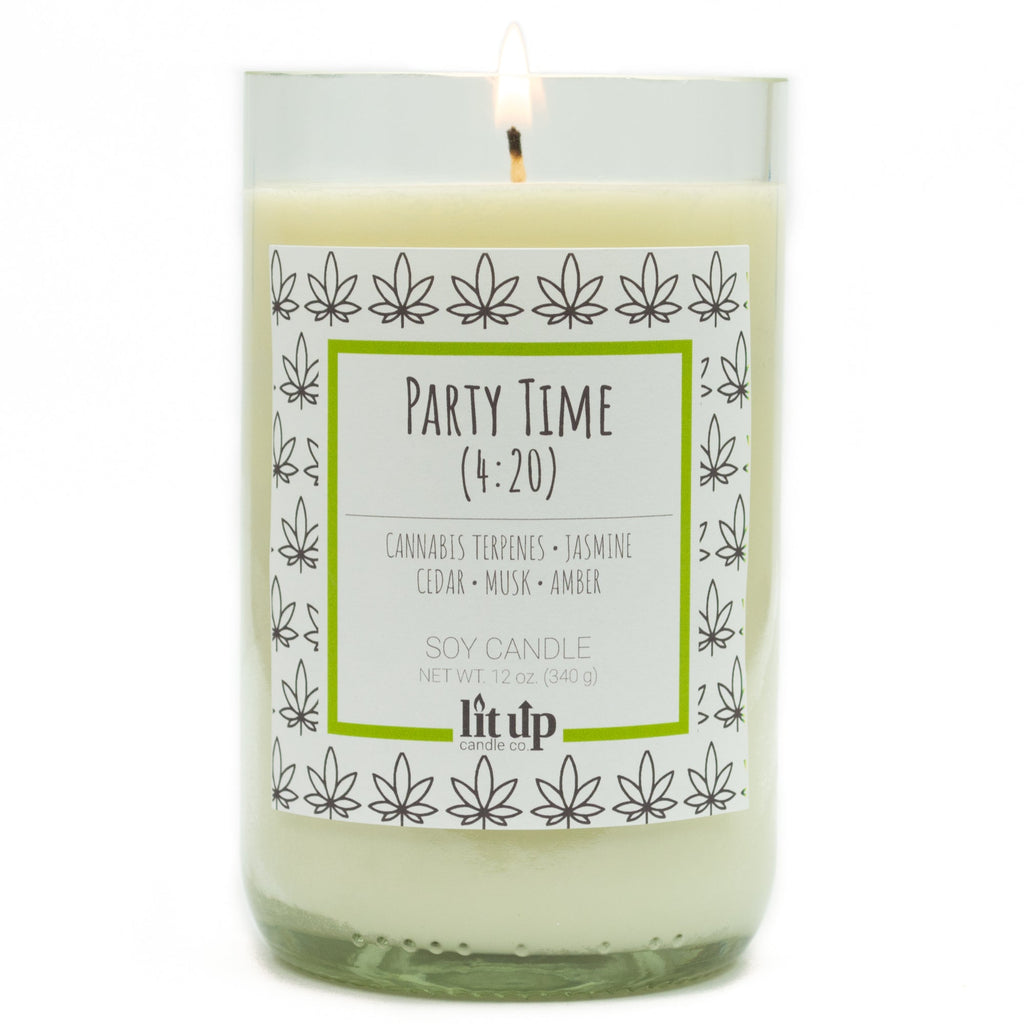 Party Time (4:20) 12 oz. soy candle in upcycled wine bottle | Cannabis, Jasmine, Cedar