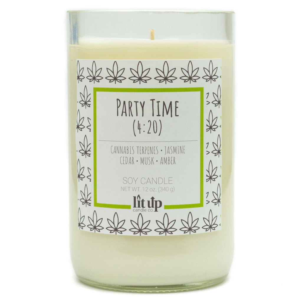 Party Time (4:20) 12 oz. soy candle in upcycled wine bottle | Cannabis, Jasmine, Cedar
