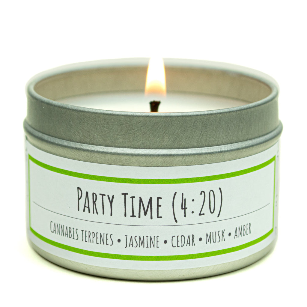 Party Time (4:20) 3 oz. soy candle in travel tin | Cannabis, Jasmine, Cedar