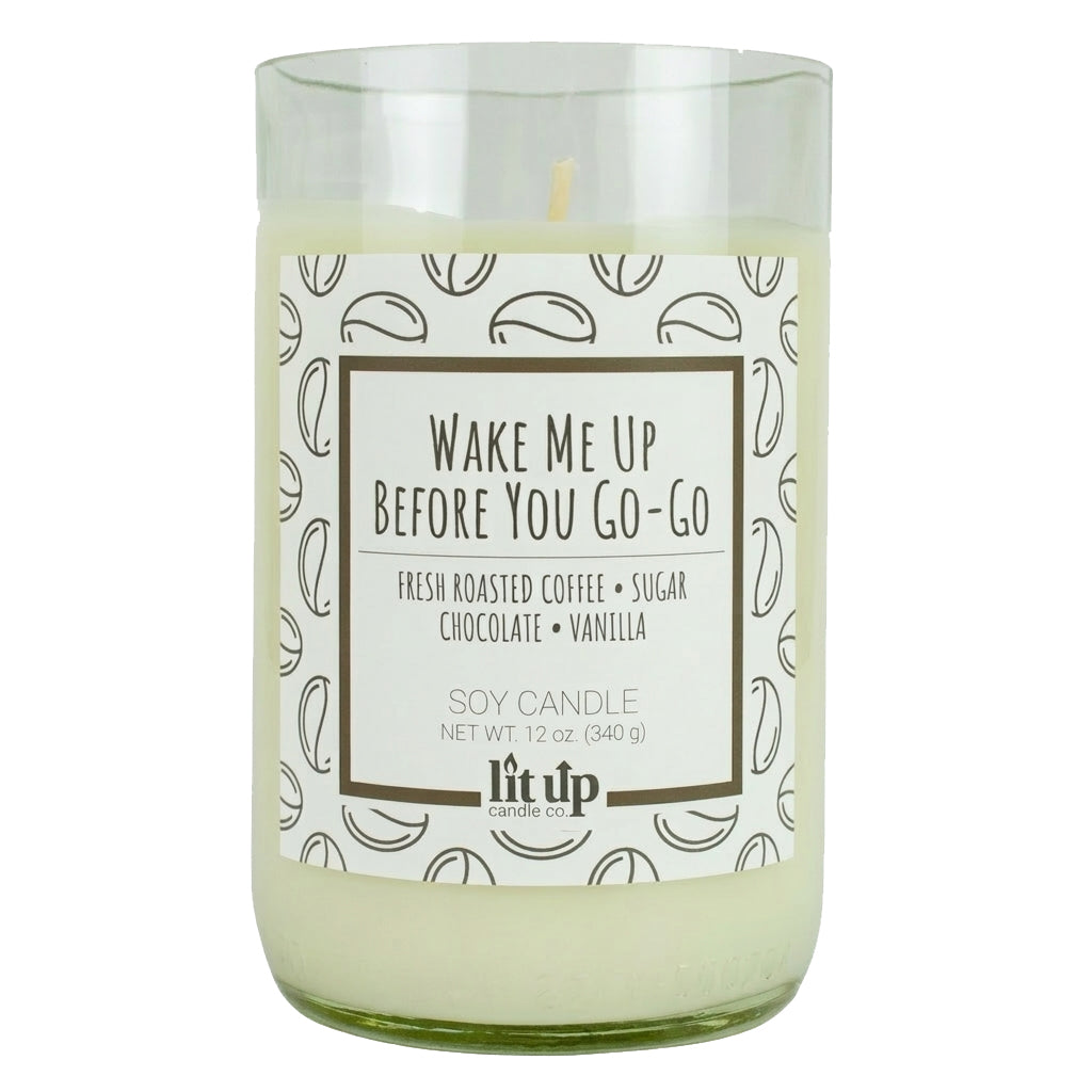 Wake Me Up Before You Go-Go scented 12 oz. soy candle in upcycled wine bottle | Coffee, Chocolate, Vanilla