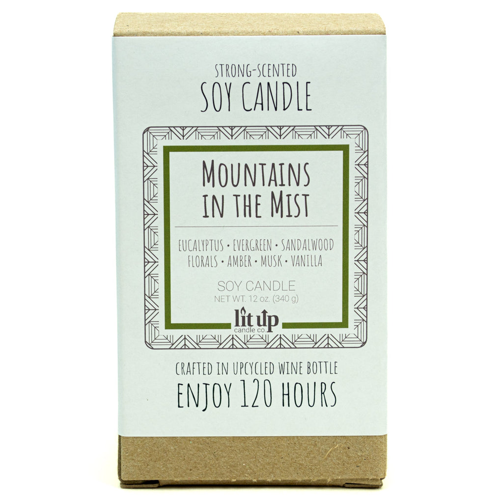 Mountains in the Mist 12 oz. soy candle in upcycled wine bottle | Eucalyptus, Sandalwood, Vanilla