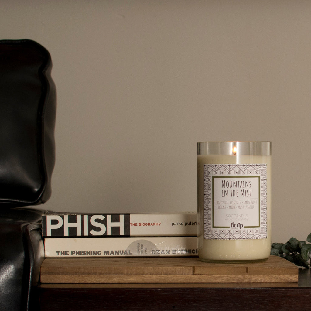 Mountains in the Mist 12 oz. soy candle in upcycled wine bottle | Eucalyptus, Sandalwood, Vanilla