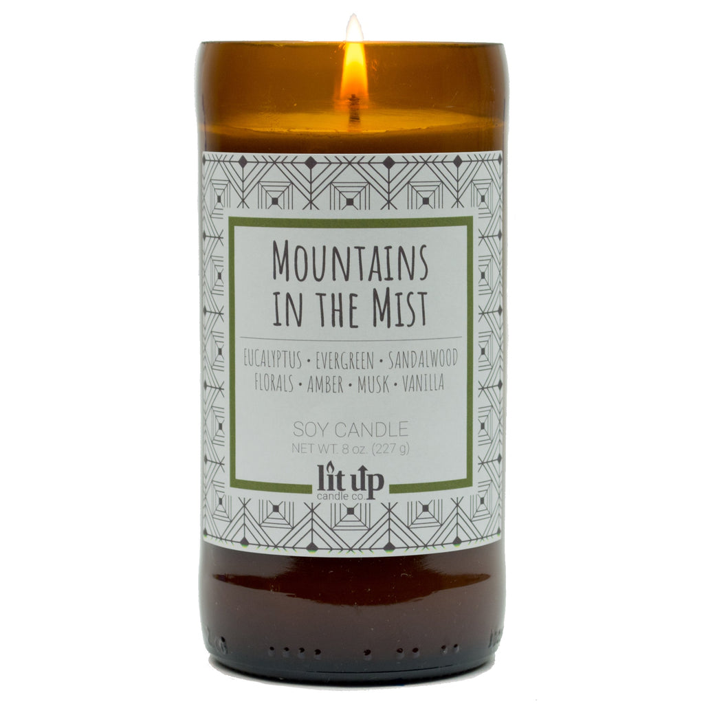 Mountains in the Mist 8 oz. soy candle in upcycled beer bottle | Eucalyptus, Sandalwood, Vanilla