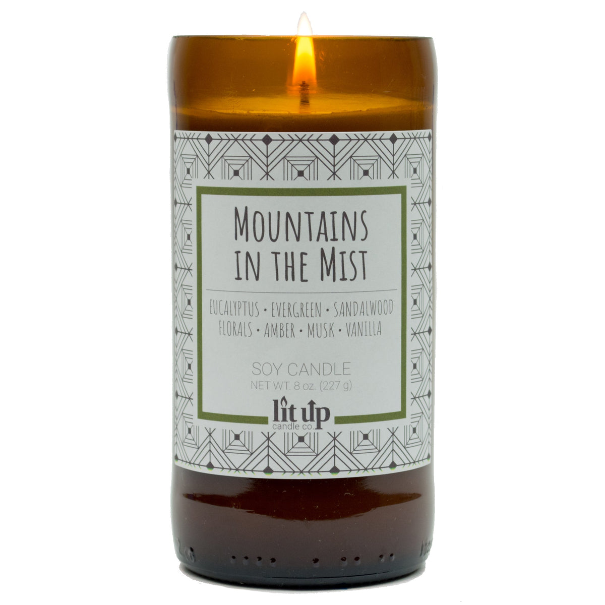 Mountains in the Mist 8 oz. soy candle in upcycled beer bottle | Eucalyptus, Sandalwood, Vanilla