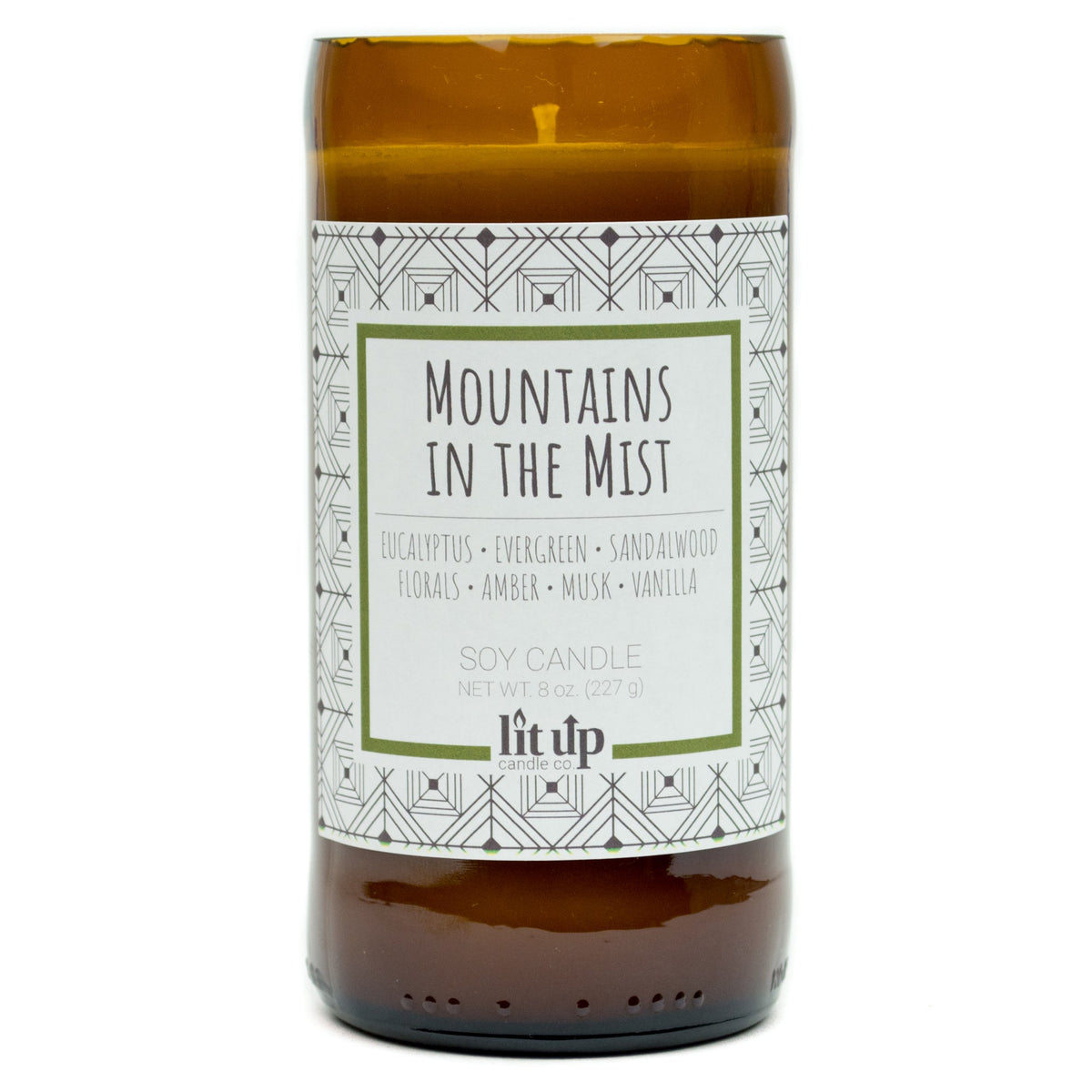 Mountains in the Mist 8 oz. soy candle in upcycled beer bottle | Eucalyptus, Sandalwood, Vanilla