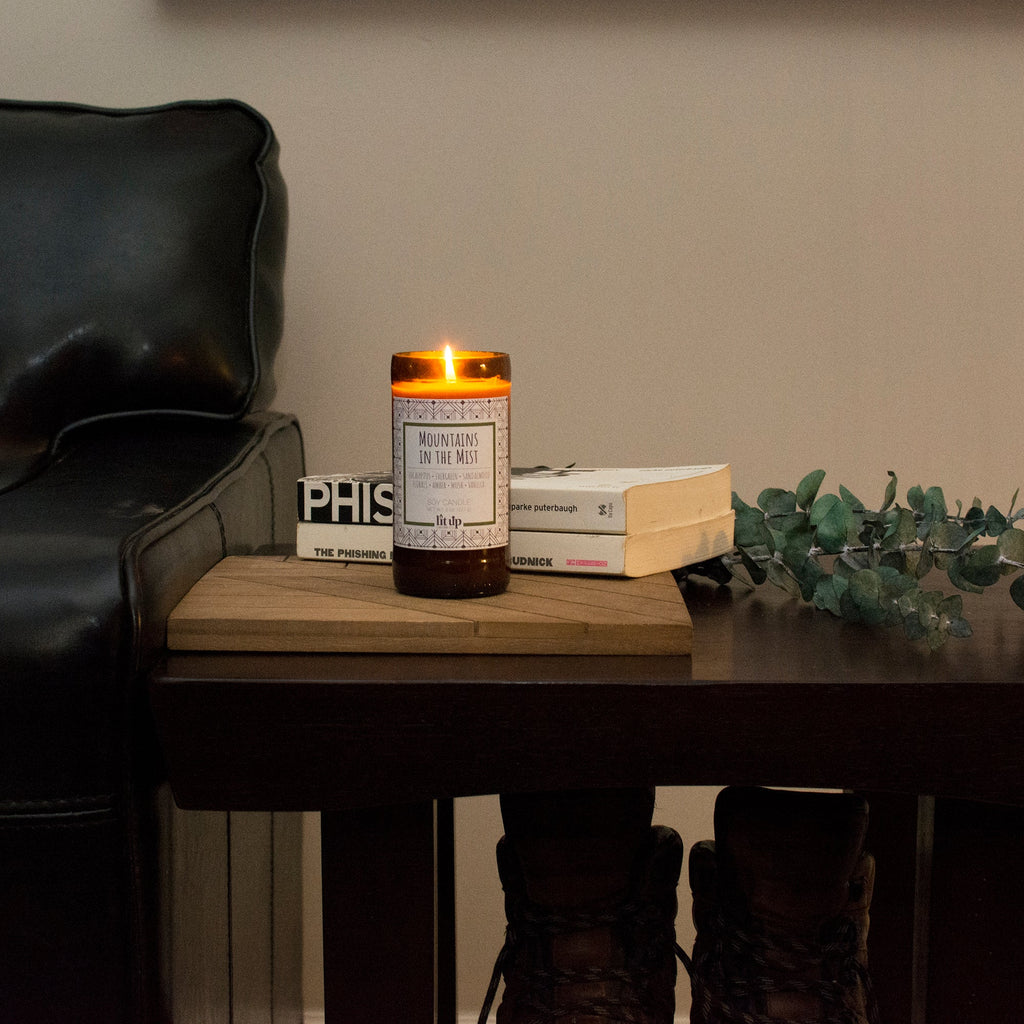 Mountains in the Mist 8 oz. soy candle in upcycled beer bottle | Eucalyptus, Sandalwood, Vanilla
