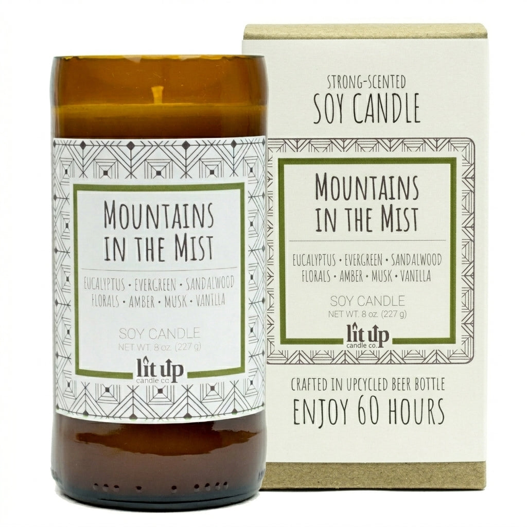 Mountains in the Mist 8 oz. soy candle in upcycled beer bottle | Eucalyptus, Sandalwood, Vanilla