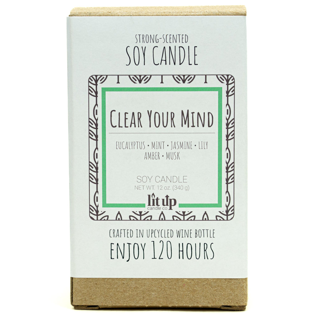 Clear Your Mind 12 oz. soy candle in upcycled wine bottle | Eucalyptus, Jasmine, Mint