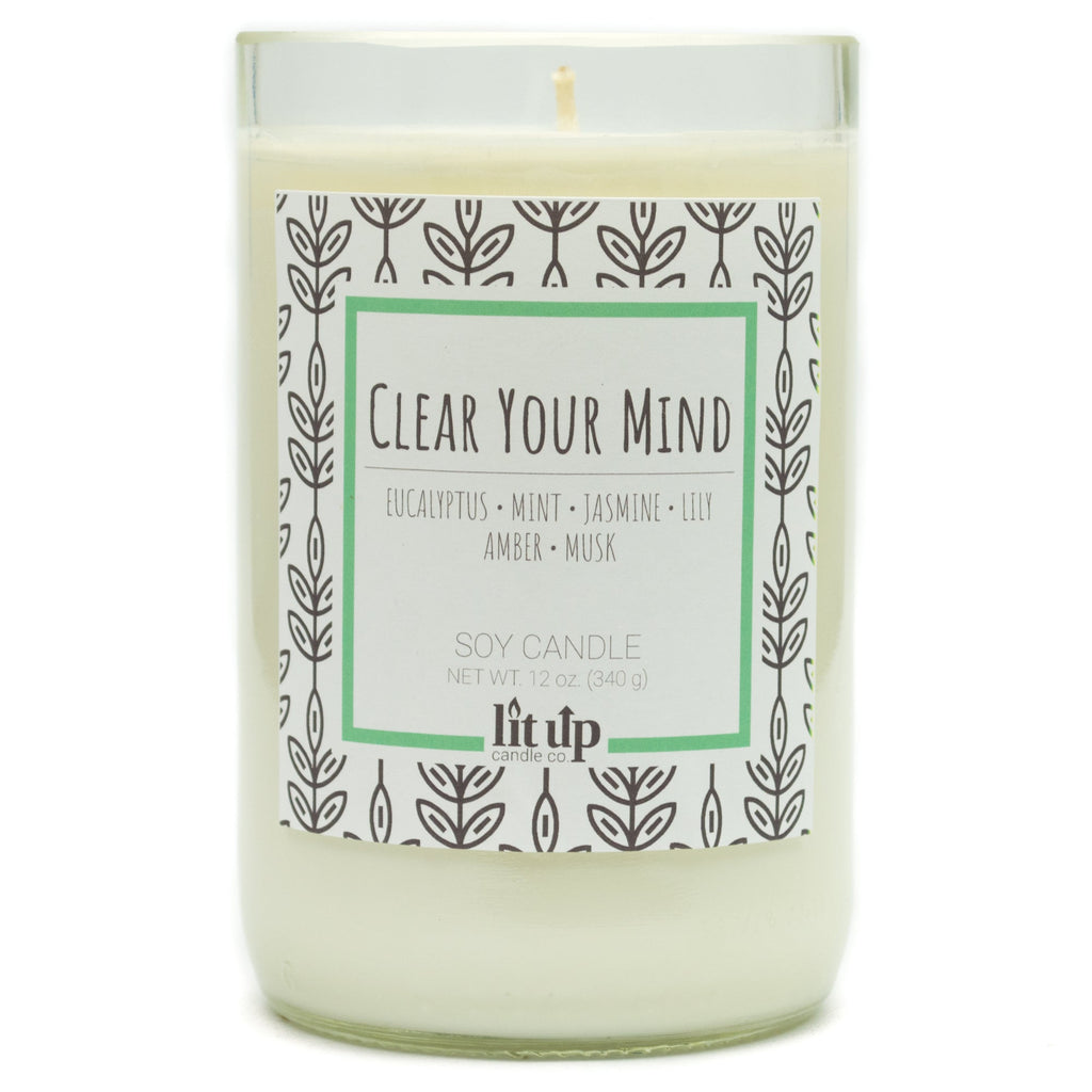 Clear Your Mind 12 oz. soy candle in upcycled wine bottle | Eucalyptus, Jasmine, Mint