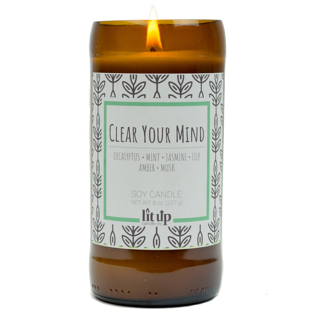 Clear Your Mind 8 oz. soy candle in upcycled beer bottle | Eucalyptus, Jasmine, Mint