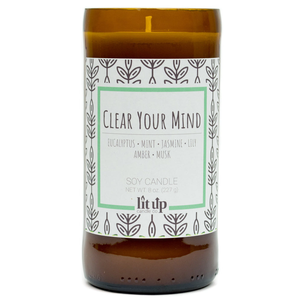 Clear Your Mind 8 oz. soy candle in upcycled beer bottle | Eucalyptus, Jasmine, Mint