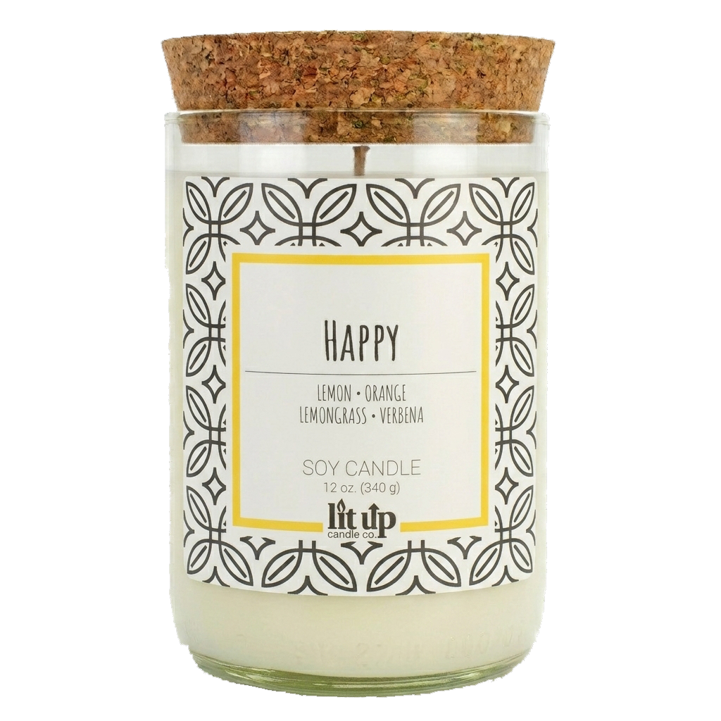 Happy 12 oz. soy candle in upcycled wine bottle | Lemon, Lemongrass, Verbena