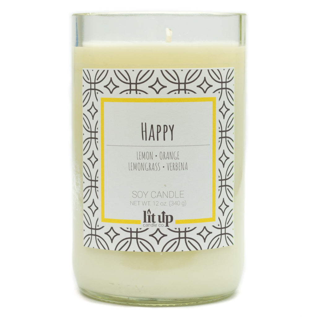 Happy 12 oz. soy candle in upcycled wine bottle | Lemon, Lemongrass, Verbena