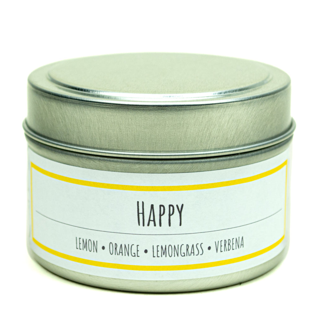 Happy 3 oz. soy candle in travel tin | Lemon, Lemongrass, Verbena