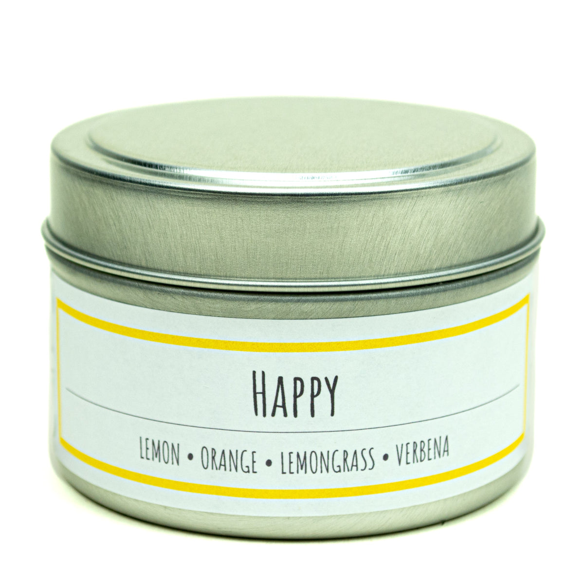 Happy 3 oz. soy candle in travel tin | Lemon, Lemongrass, Verbena