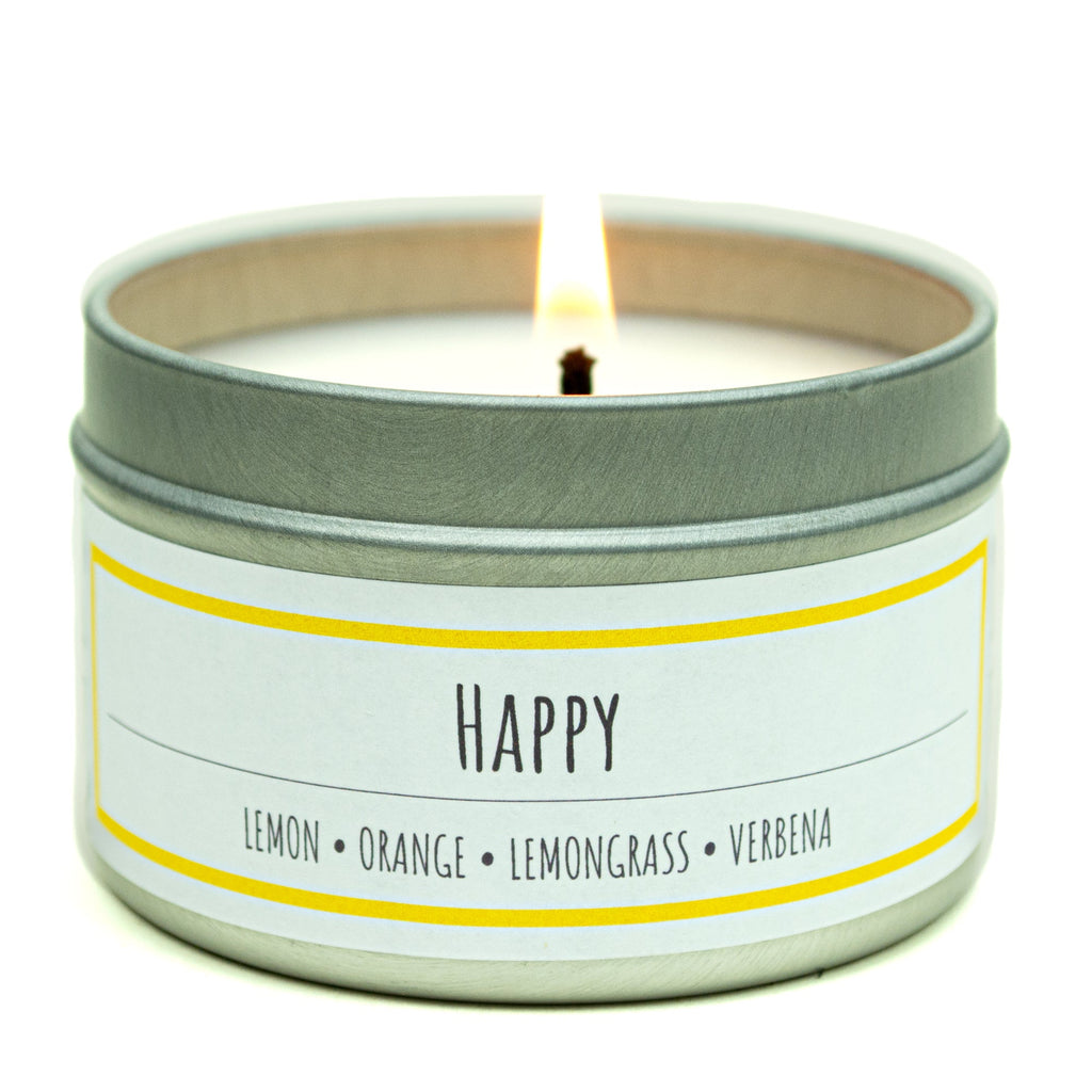 Happy 3 oz. soy candle in travel tin | Lemon, Lemongrass, Verbena