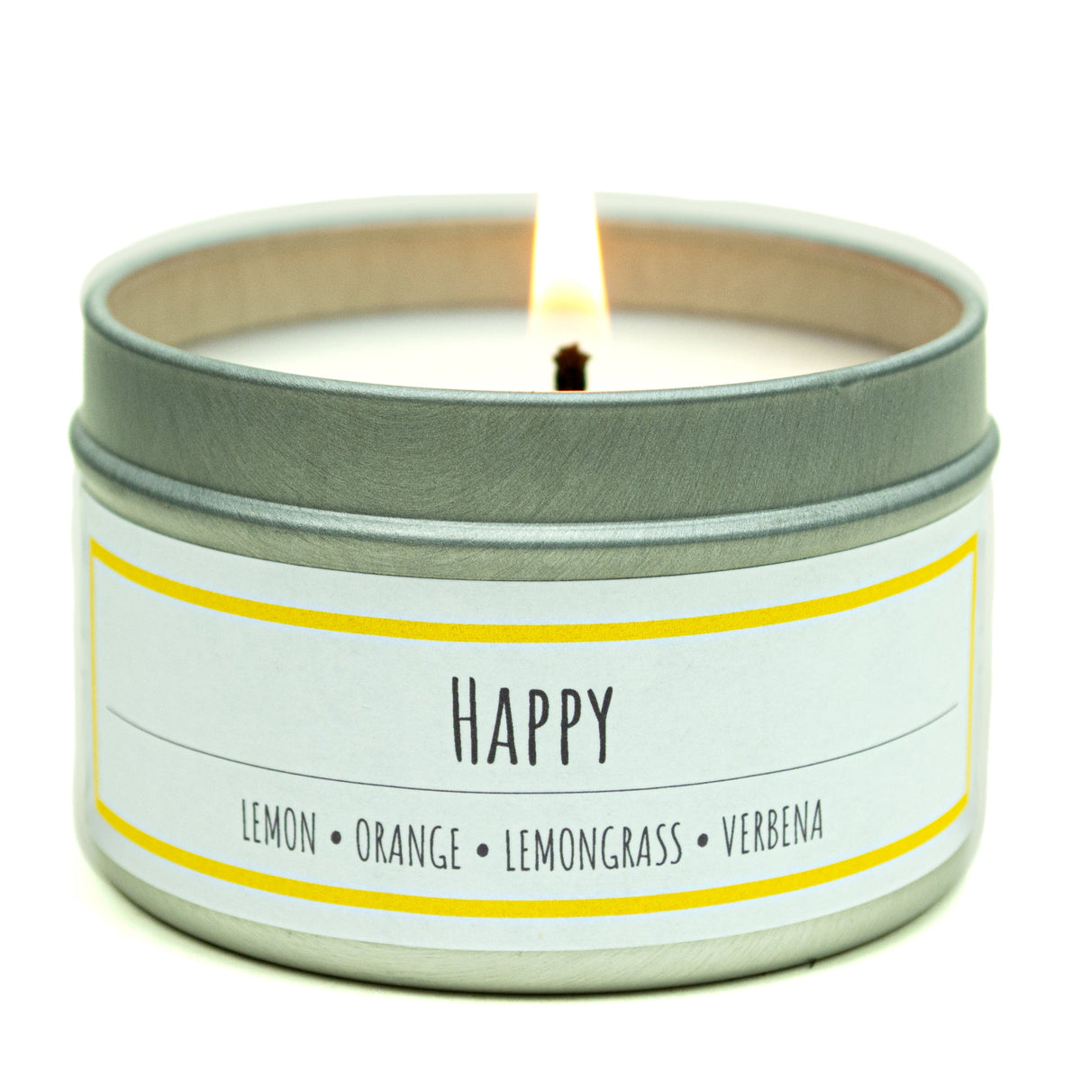 Happy 3 oz. soy candle in travel tin | Lemon, Lemongrass, Verbena