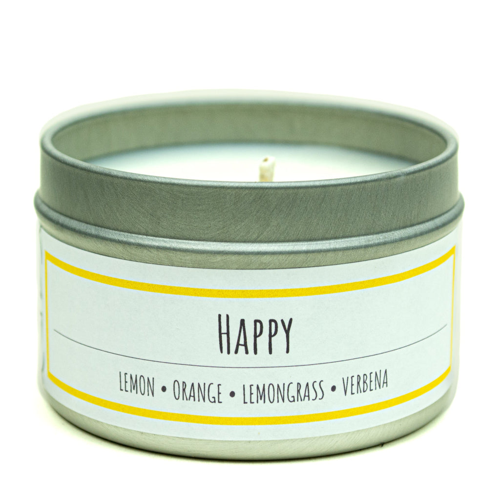 Happy 3 oz. soy candle in travel tin | Lemon, Lemongrass, Verbena