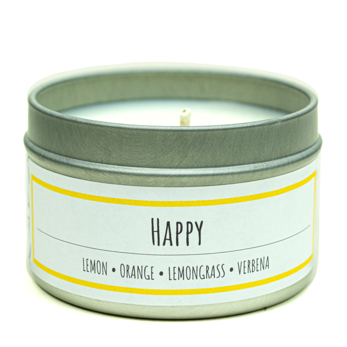 Happy 3 oz. soy candle in travel tin | Lemon, Lemongrass, Verbena