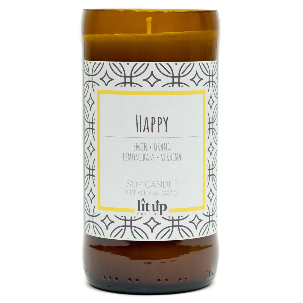 Happy scented 8 oz. soy candle in upcycled beer bottle | Lemon, Lemongrass, Verbena