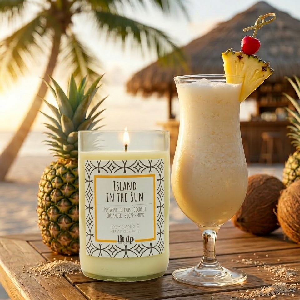 Island in the Sun 12 oz. soy candle in upcycled wine bottle | Pineapple, Coconut, Citrus