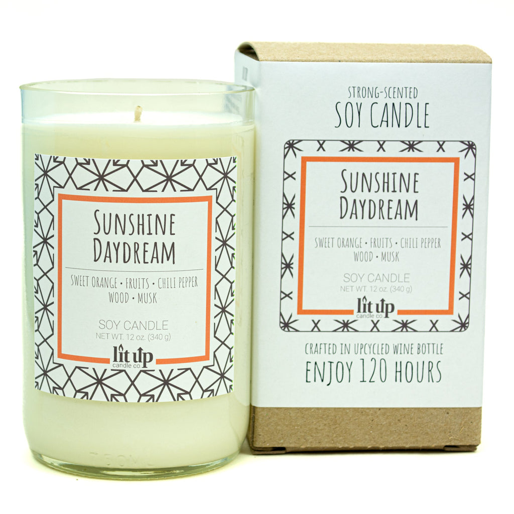 Sunshine Daydream 12 oz. soy candle in upcycled wine bottle | Sweet Orange, Chili Pepper