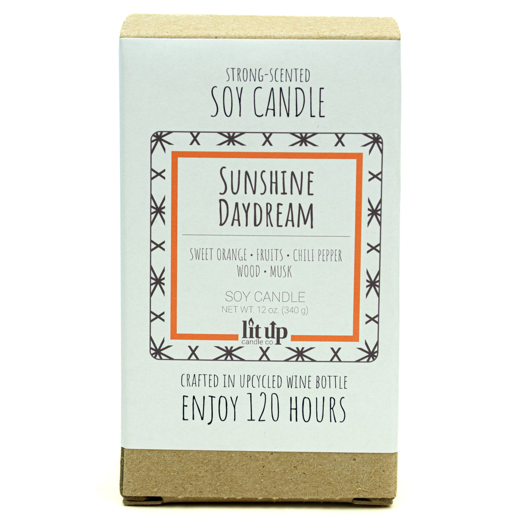Sunshine Daydream 12 oz. soy candle in upcycled wine bottle | Sweet Orange, Chili Pepper