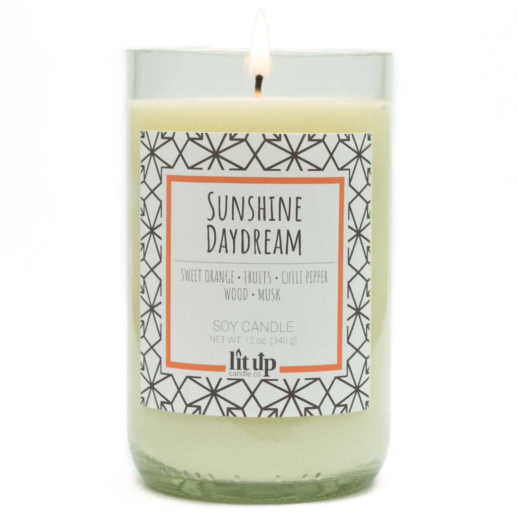 Sunshine Daydream 12 oz. soy candle in upcycled wine bottle | Sweet Orange, Chili Pepper