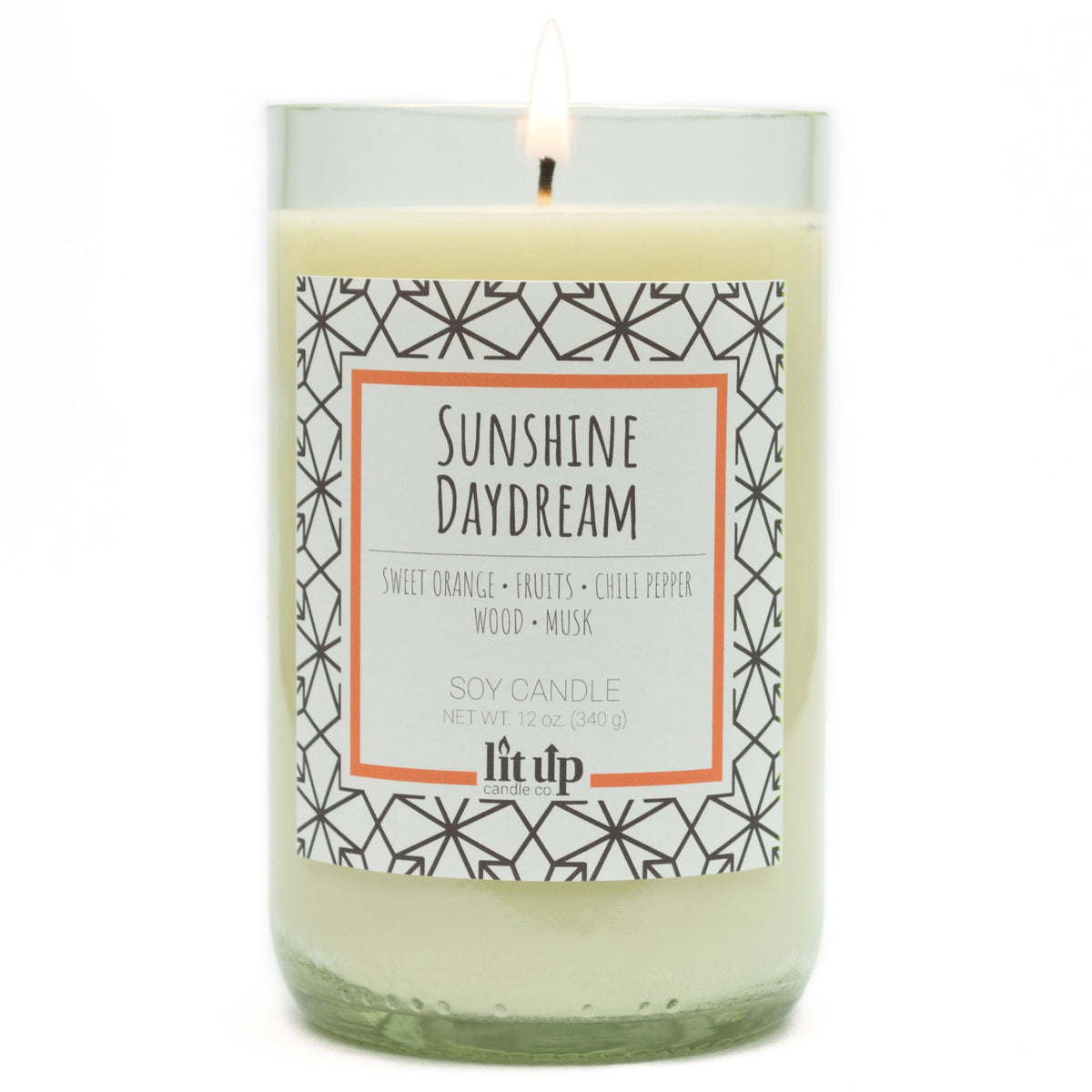 Sunshine Daydream 12 oz. soy candle in upcycled wine bottle | Sweet Orange, Chili Pepper