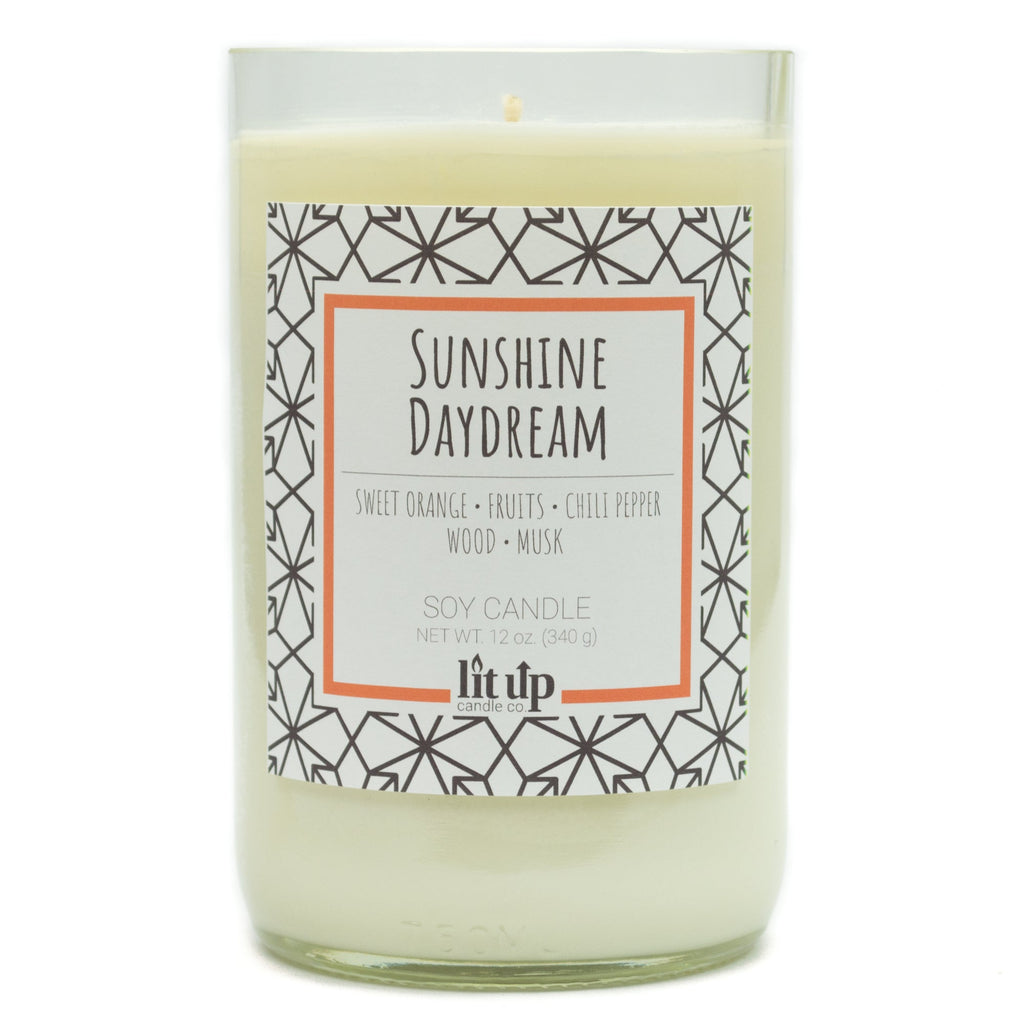Sunshine Daydream 12 oz. soy candle in upcycled wine bottle | Sweet Orange, Chili Pepper