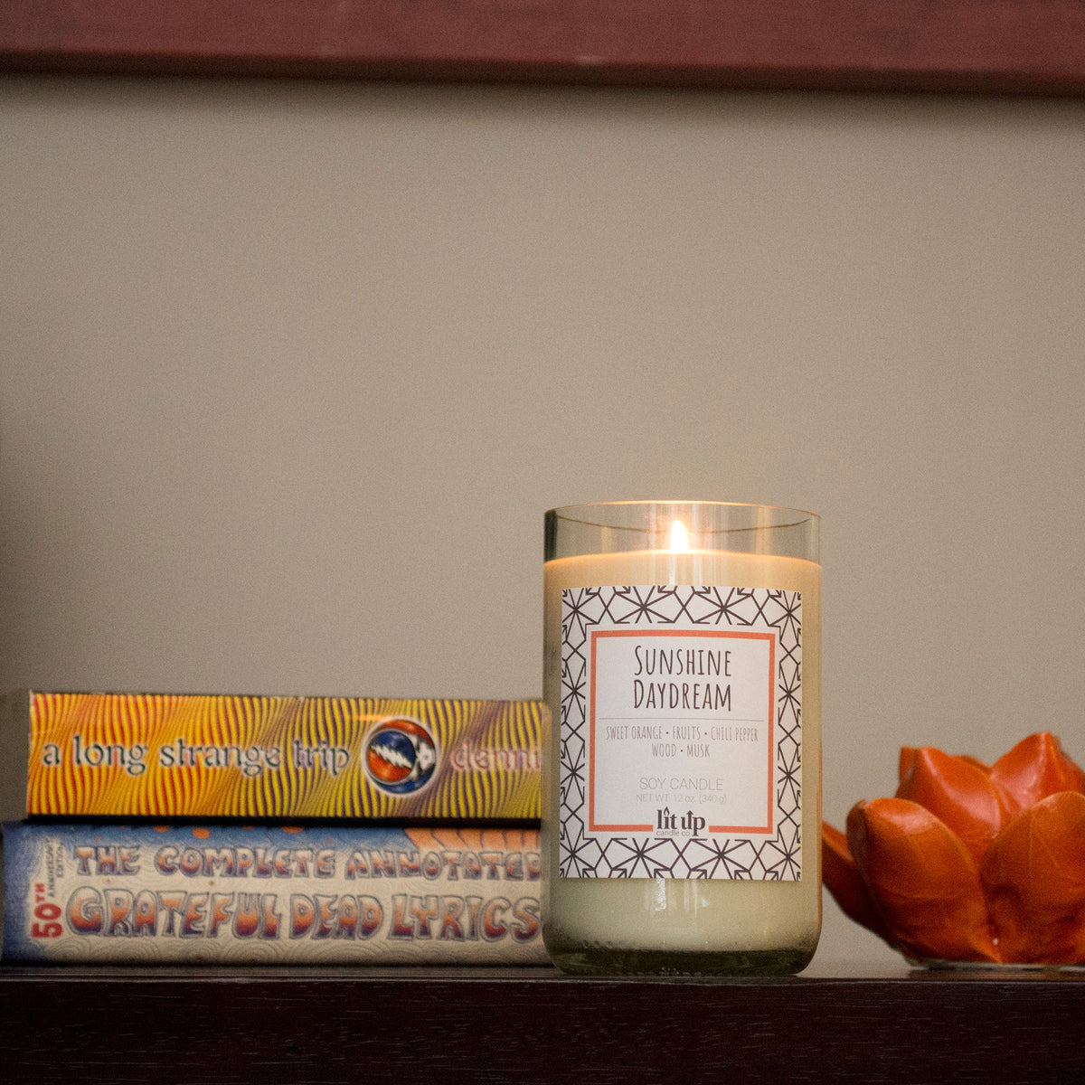 Sunshine Daydream 12 oz. soy candle in upcycled wine bottle | Sweet Orange, Chili Pepper