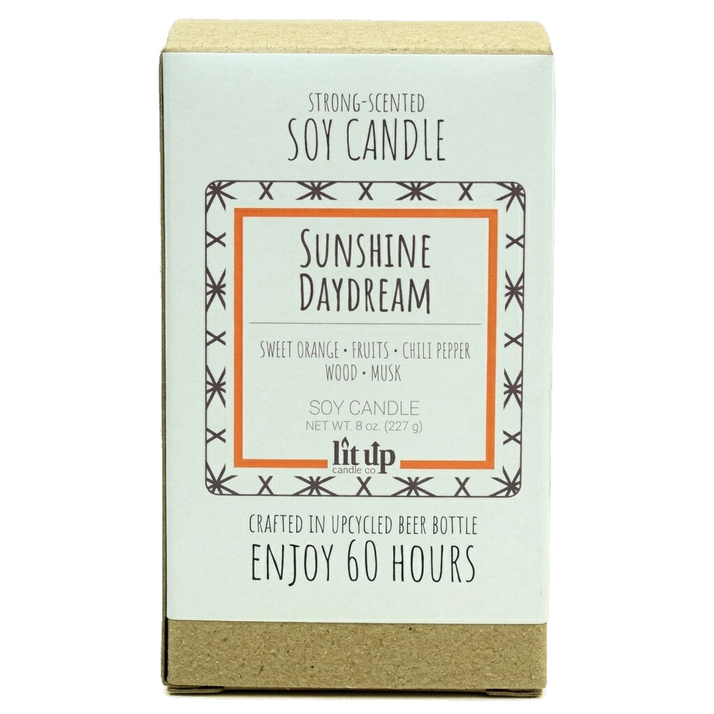 Sunshine Daydream 8 oz. soy candle in upcycled beer bottle | Sweet Orange, Chili Pepper