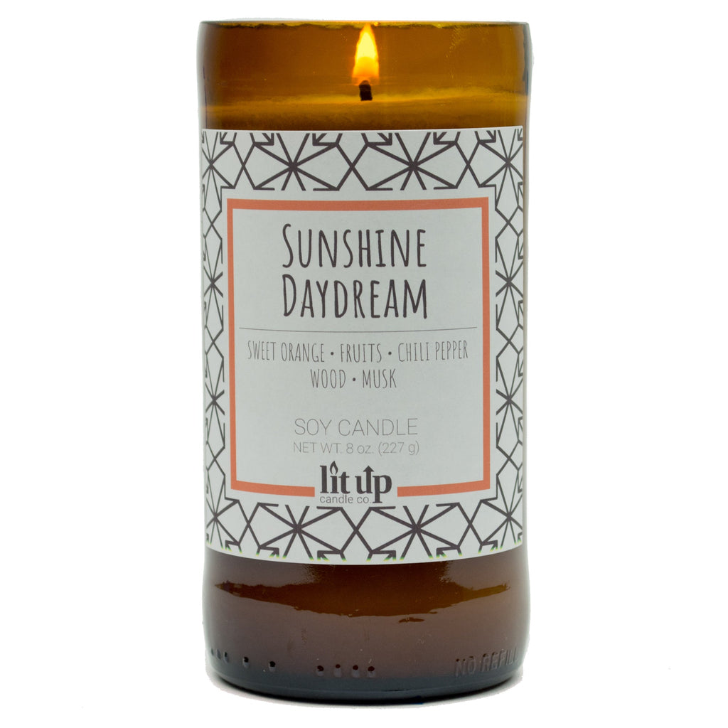 Sunshine Daydream 8 oz. soy candle in upcycled beer bottle | Sweet Orange, Chili Pepper