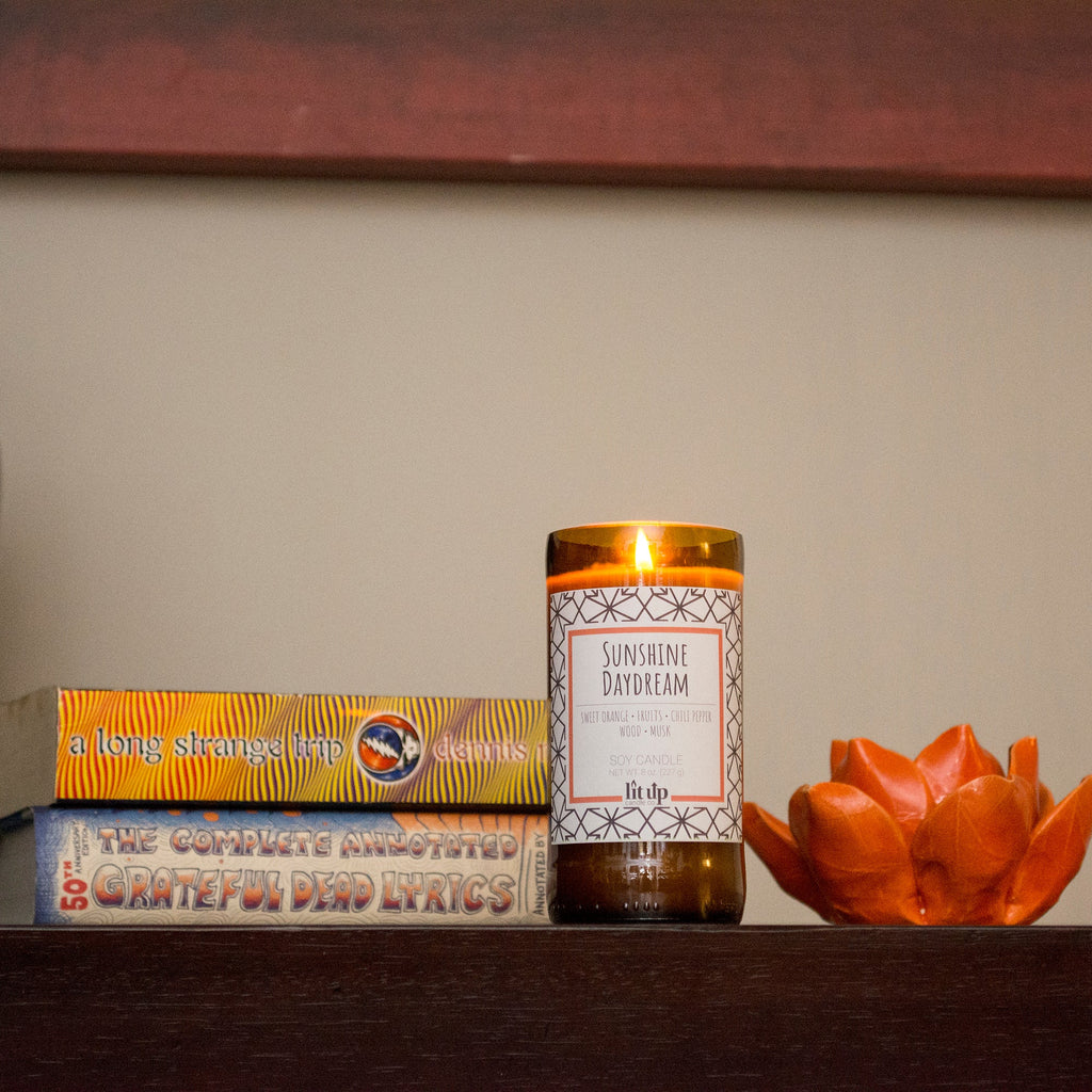 Sunshine Daydream 8 oz. soy candle in upcycled beer bottle | Sweet Orange, Chili Pepper