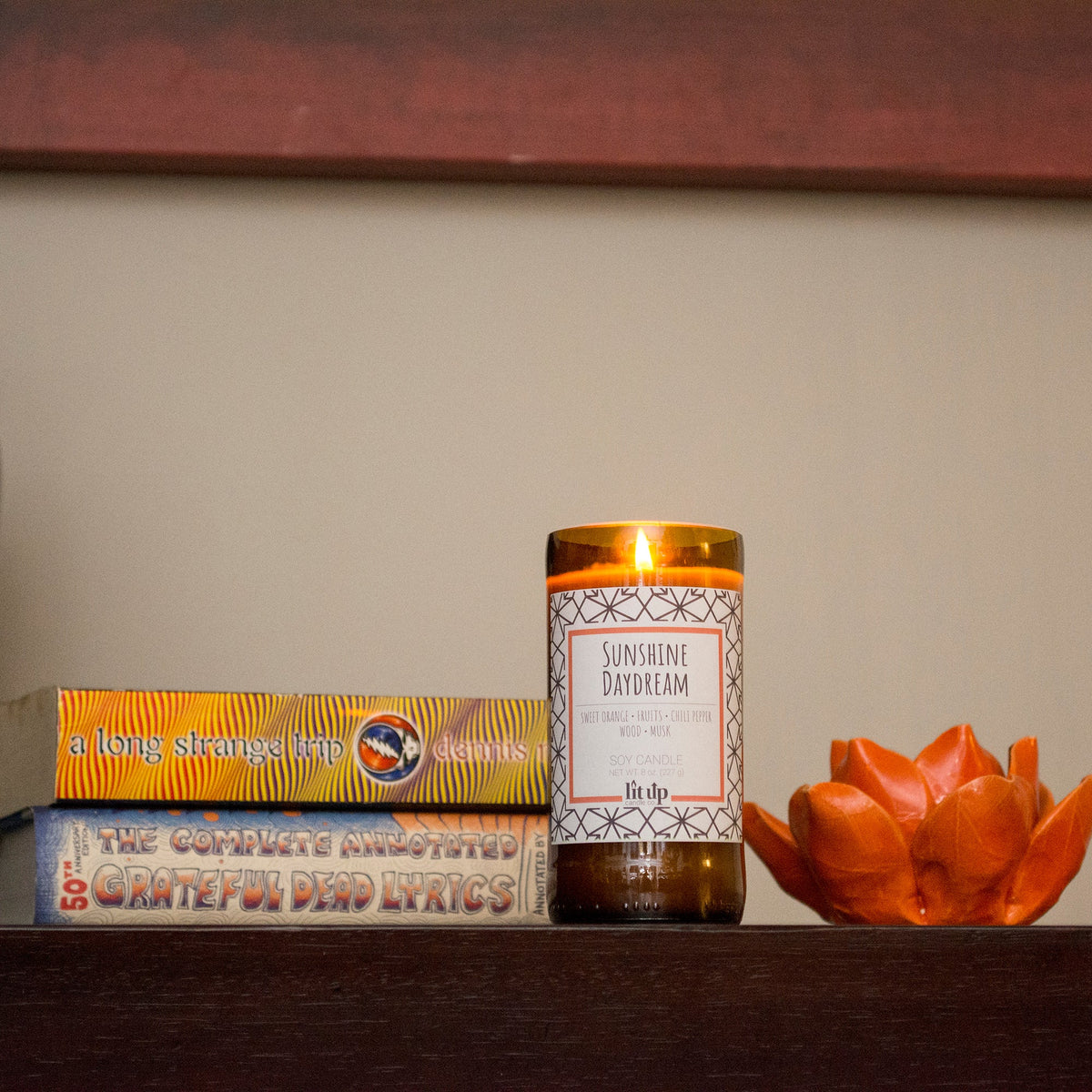 Sunshine Daydream 8 oz. soy candle in upcycled beer bottle | Sweet Orange, Chili Pepper