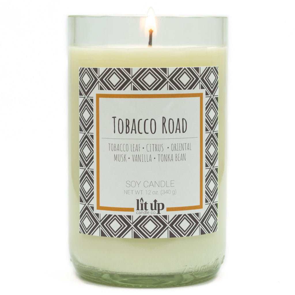 Tobacco Road 12 oz. soy candle in upcycled wine bottle | Tobacco, Caramel