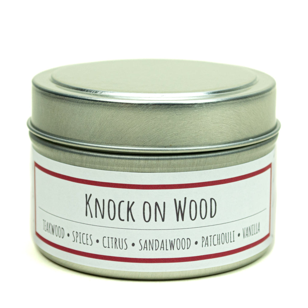 Knock on Wood 3 oz. soy candle in travel tin | Teakwood, Sandalwood, Spices