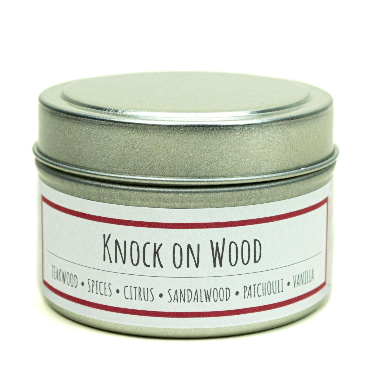 Knock on Wood 3 oz. soy candle in travel tin | Teakwood, Sandalwood, Spices