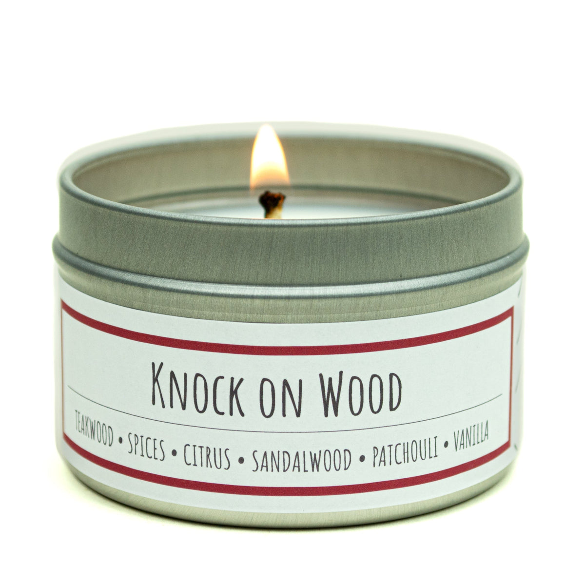 Knock on Wood 3 oz. soy candle in travel tin | Teakwood, Sandalwood, Spices