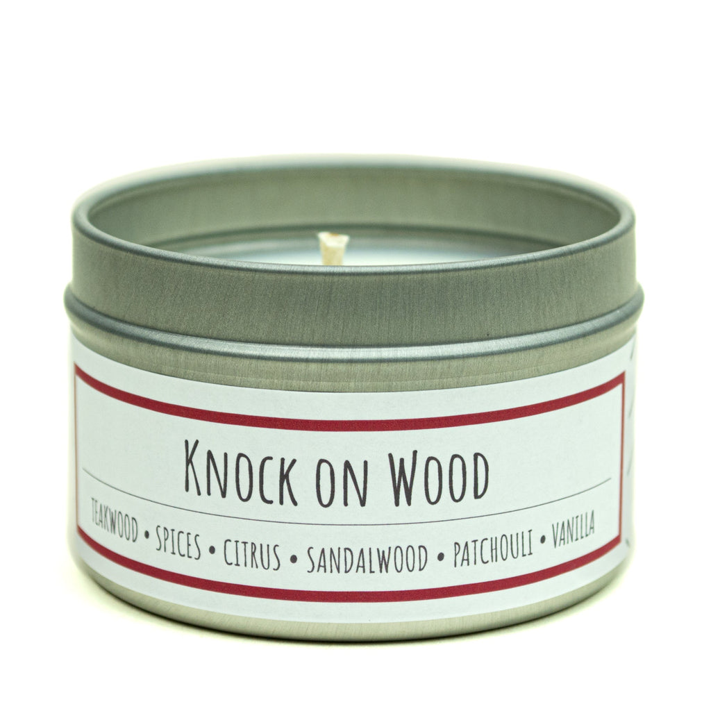 Knock on Wood 3 oz. soy candle in travel tin | Teakwood, Sandalwood, Spices