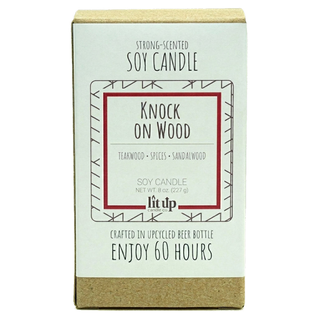 Knock on Wood 8 oz. soy candle in upcycled beer bottle | Teakwood, Sandalwood, Spices