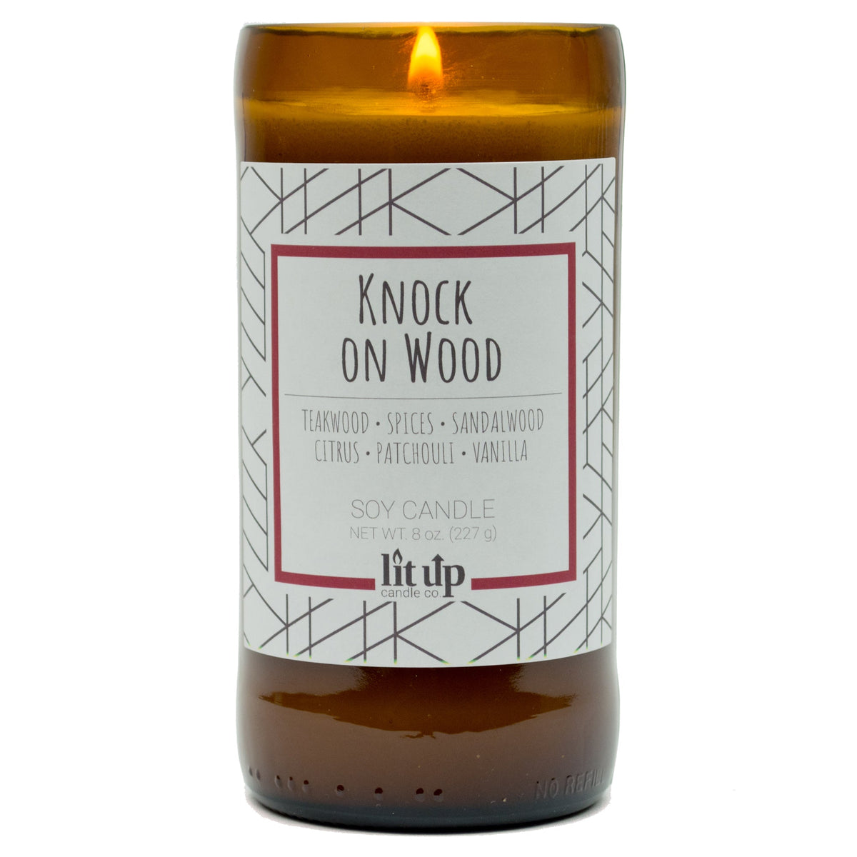 Knock on Wood 8 oz. soy candle in upcycled beer bottle | Teakwood, Sandalwood, Spices