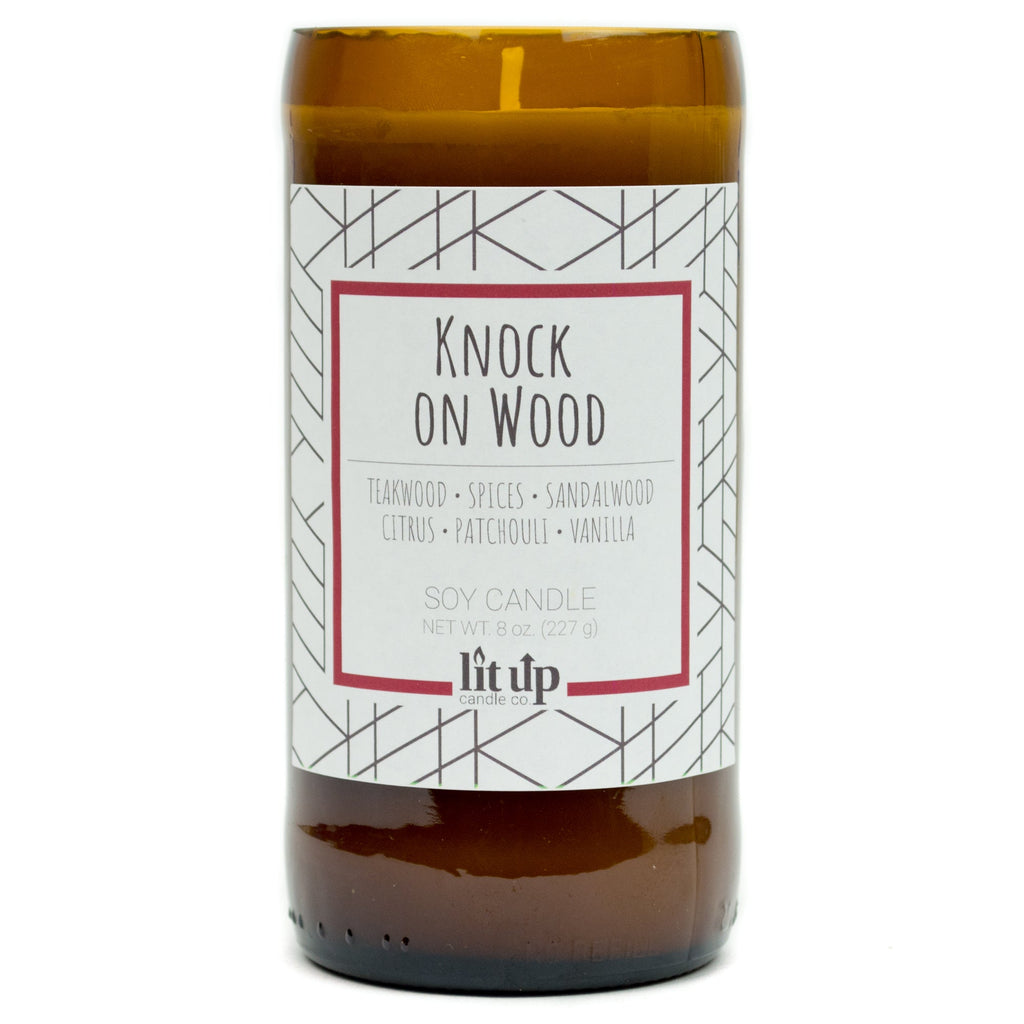 Knock on Wood 8 oz. soy candle in upcycled beer bottle | Teakwood, Sandalwood, Spices