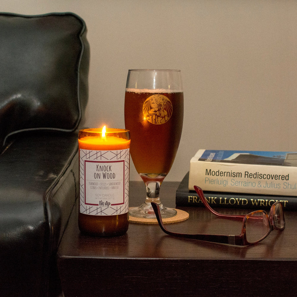 Knock on Wood 8 oz. soy candle in upcycled beer bottle | Teakwood, Sandalwood, Spices